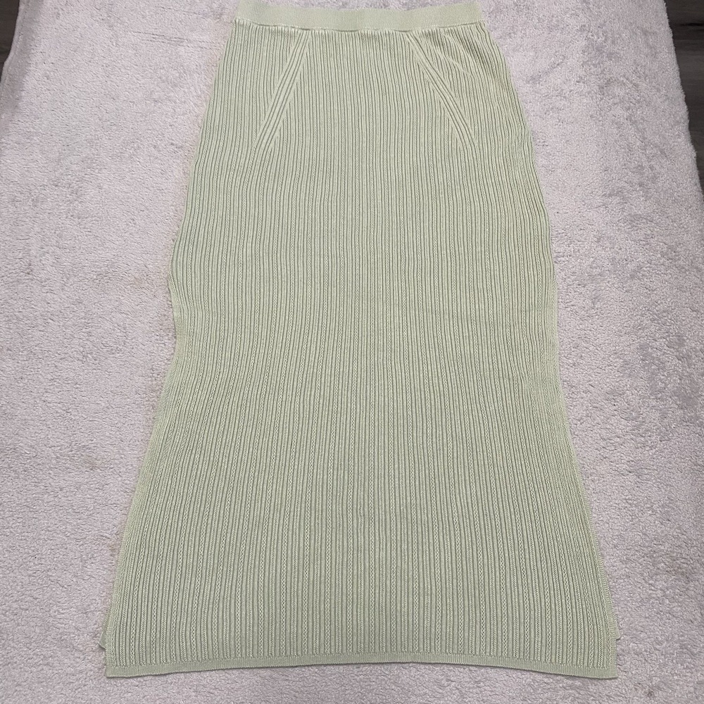 Ramy Brook Skirt XS Light‎ Green Knit Ribbed Midi Stretch Pull On Slit